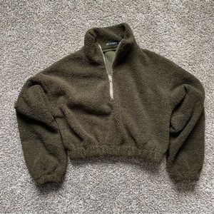 Green Cropped Sherpa Quarter Zip Pullover